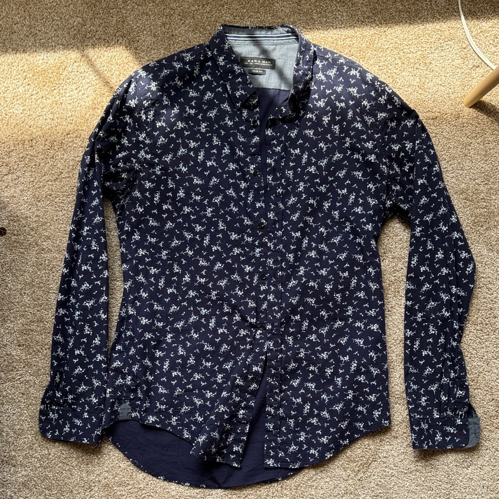 Zara Dark Blue Floral Button Down Shirt